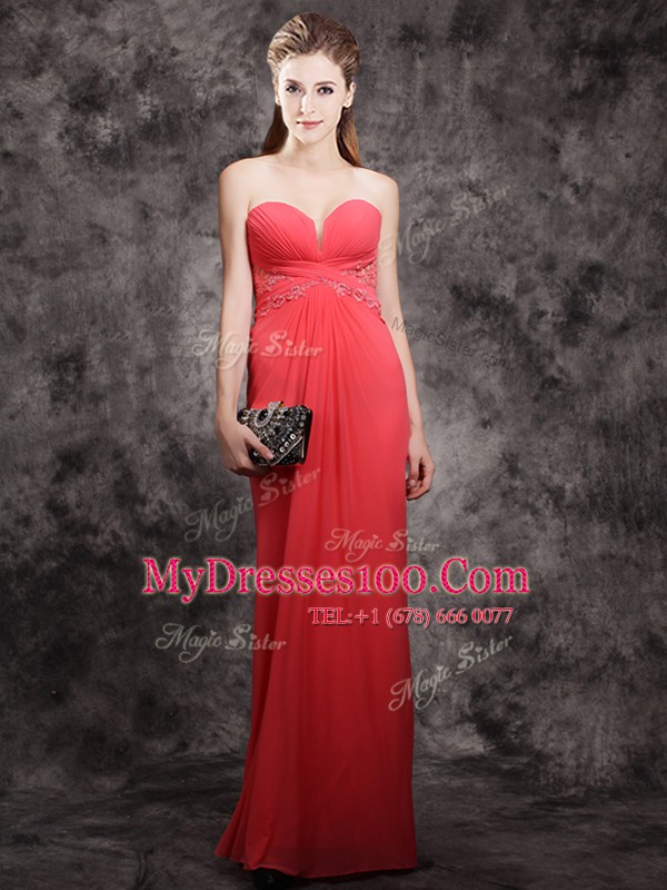 Romantic Floor Length Zipper Prom Party Dress Red for Prom with Appliques