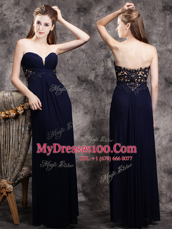 Hot Selling Navy Blue Sleeveless Appliques Floor Length Evening Dress