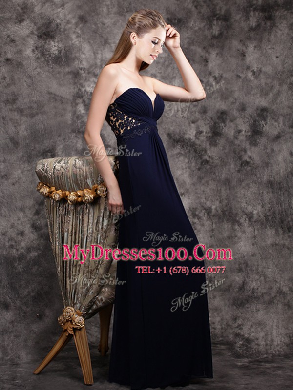 Hot Selling Navy Blue Sleeveless Appliques Floor Length Evening Dress