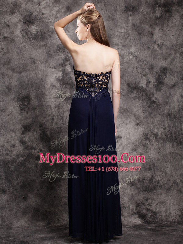 Hot Selling Navy Blue Sleeveless Appliques Floor Length Evening Dress