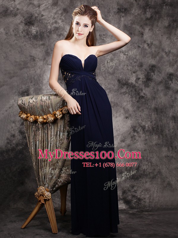 Hot Selling Navy Blue Sleeveless Appliques Floor Length Evening Dress