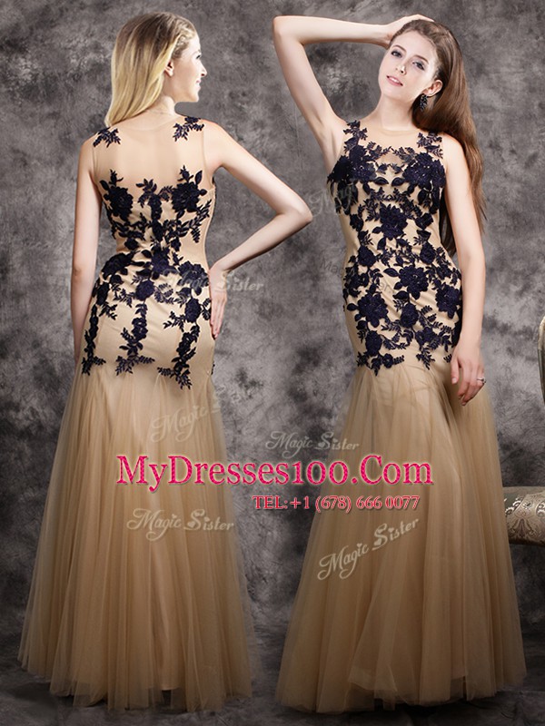 Glorious Mermaid Scoop Sleeveless Floor Length Lace and Appliques Side Zipper Dress for Prom with Champagne