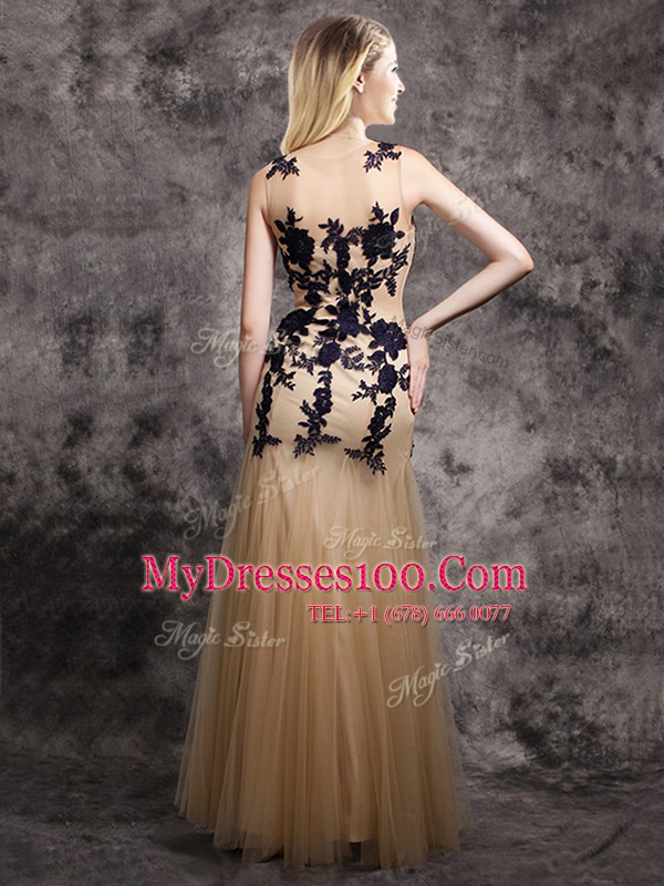 Glorious Mermaid Scoop Sleeveless Floor Length Lace and Appliques Side Zipper Dress for Prom with Champagne