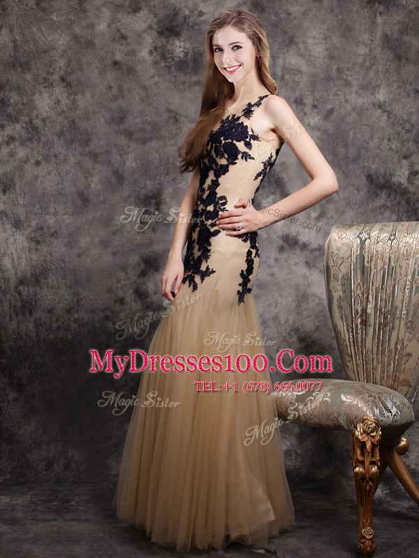 Glorious Mermaid Scoop Sleeveless Floor Length Lace and Appliques Side Zipper Dress for Prom with Champagne