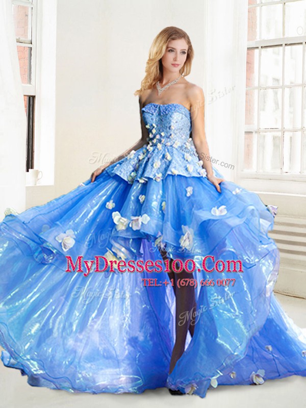 Wonderful Blue Strapless Lace Up Appliques Vestidos de Quinceanera Sleeveless
