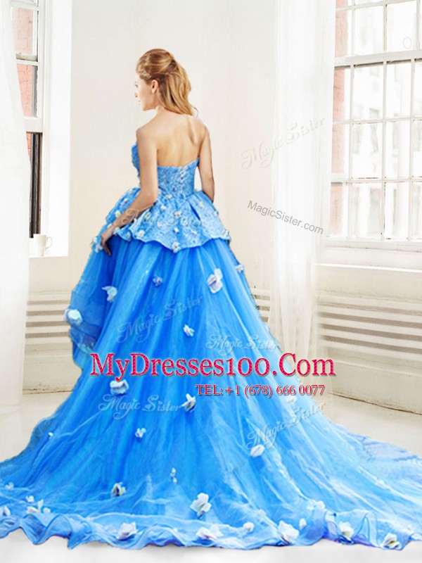 Wonderful Blue Strapless Lace Up Appliques Vestidos de Quinceanera Sleeveless
