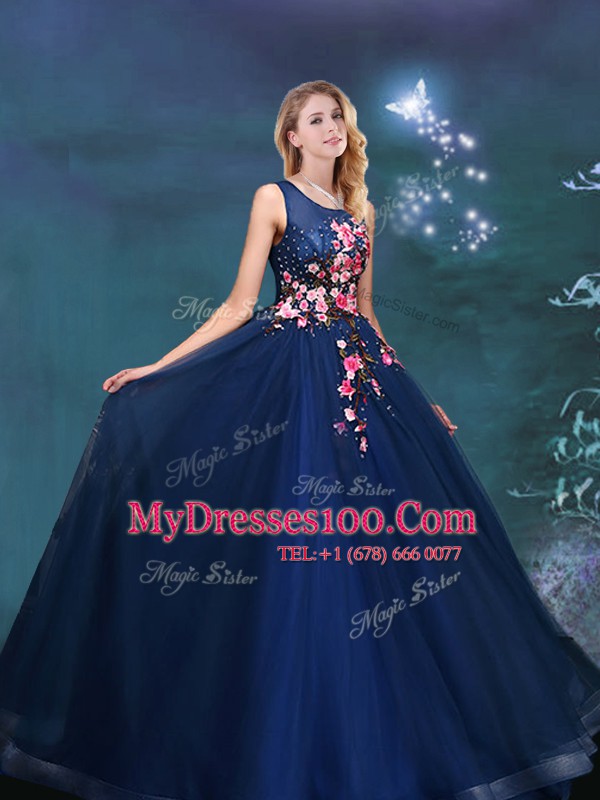 Navy Blue Quinceanera Dresses Prom and For with Appliques Scoop Sleeveless Lace Up