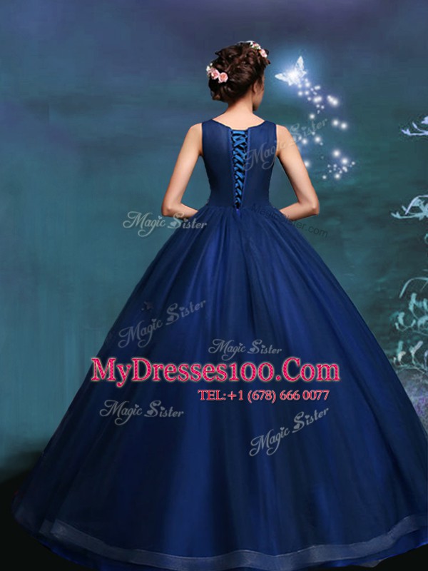 Navy Blue Quinceanera Dresses Prom and For with Appliques Scoop Sleeveless Lace Up