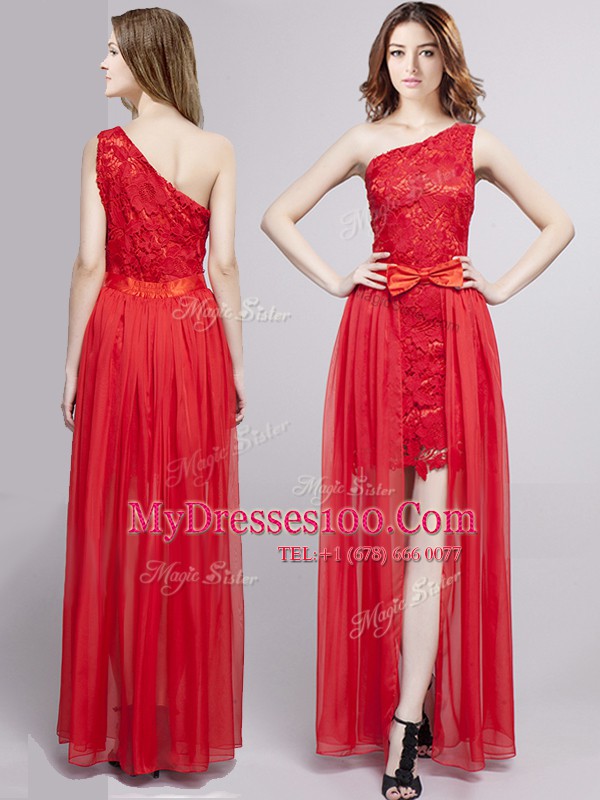 Empire Evening Dress Red One Shoulder Tulle and Lace Sleeveless Floor Length Zipper