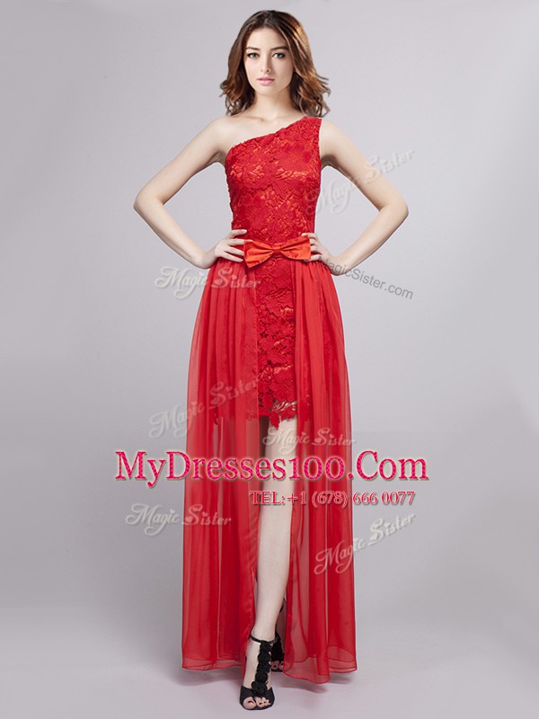 Empire Evening Dress Red One Shoulder Tulle and Lace Sleeveless Floor Length Zipper