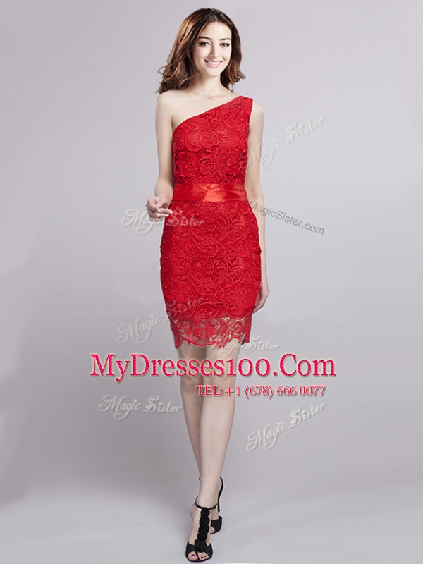 Empire Evening Dress Red One Shoulder Tulle and Lace Sleeveless Floor Length Zipper