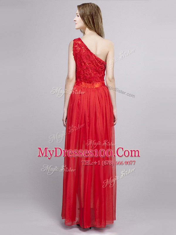 Empire Evening Dress Red One Shoulder Tulle and Lace Sleeveless Floor Length Zipper