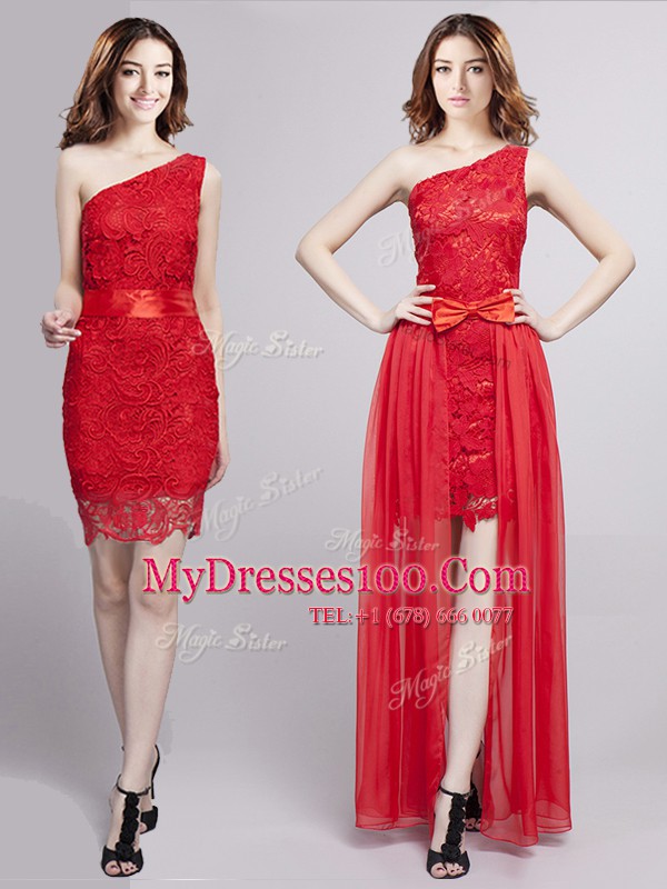 Empire Evening Dress Red One Shoulder Tulle and Lace Sleeveless Floor Length Zipper