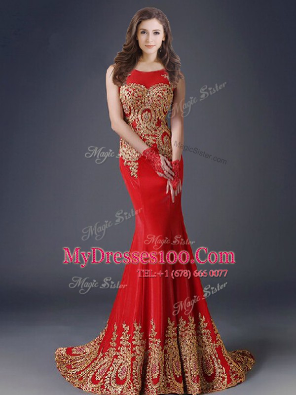 Mermaid Scoop Sleeveless Brush Train Appliques Side Zipper Prom Gown