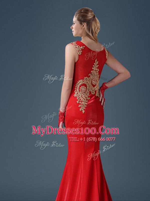 Mermaid Scoop Sleeveless Brush Train Appliques Side Zipper Prom Gown
