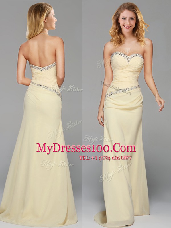 Glittering With Train Light Yellow Chiffon Brush Train Sleeveless Beading