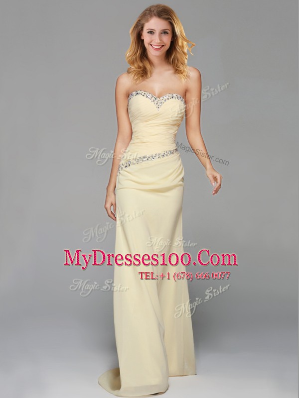 Glittering With Train Light Yellow Chiffon Brush Train Sleeveless Beading