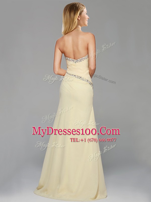 Glittering With Train Light Yellow Chiffon Brush Train Sleeveless Beading