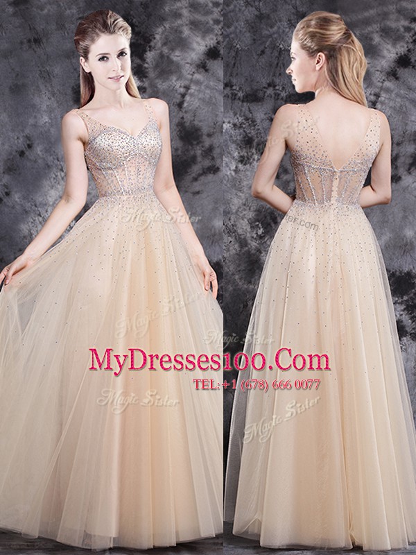 V-neck Sleeveless Zipper Dress for Prom Champagne Tulle