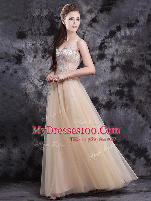 V-neck Sleeveless Zipper Dress for Prom Champagne Tulle