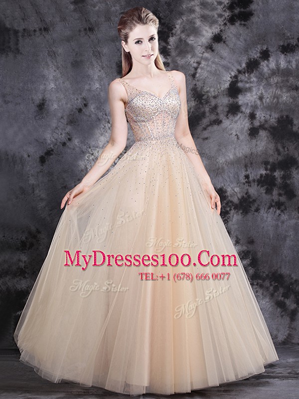 V-neck Sleeveless Zipper Dress for Prom Champagne Tulle