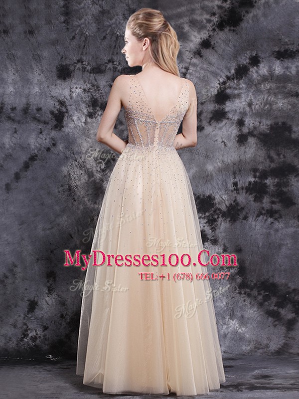 V-neck Sleeveless Zipper Dress for Prom Champagne Tulle