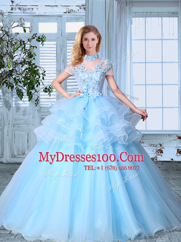 SeeThrough Floor Length Light Blue Ball Gown Prom Dress Organza Short Sleeves Appliques and Ruffled Layers