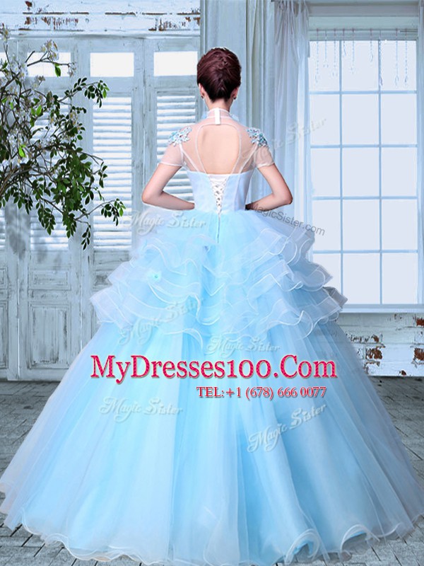 SeeThrough Floor Length Light Blue Ball Gown Prom Dress Organza Short Sleeves Appliques and Ruffled Layers