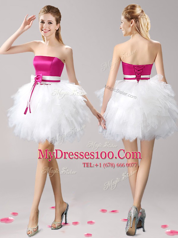 Pink And White Tulle Lace Up Custom Made Sleeveless Mini Length Ruffles and Bowknot