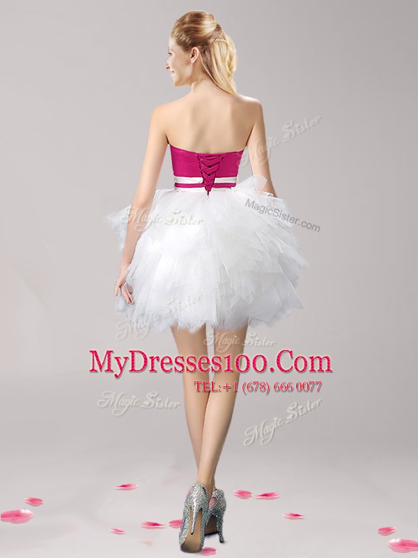 Pink And White Tulle Lace Up Custom Made Sleeveless Mini Length Ruffles and Bowknot