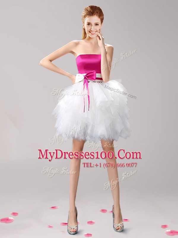 Pink And White Tulle Lace Up Custom Made Sleeveless Mini Length Ruffles and Bowknot