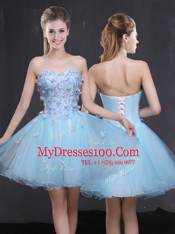 Noble Light Blue Sleeveless Appliques Mini Length Party Dress for Toddlers