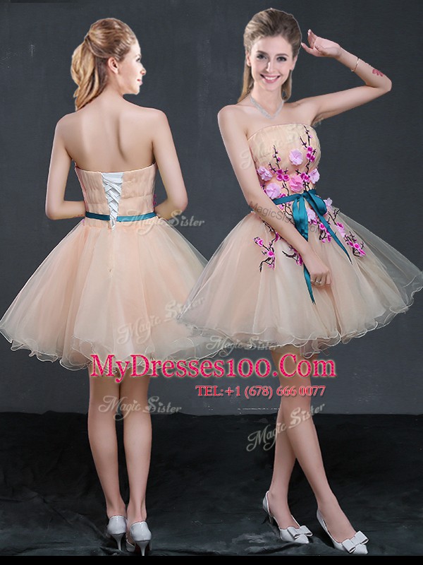 Attractive Mini Length Peach Cocktail Dresses Organza Sleeveless Appliques and Belt