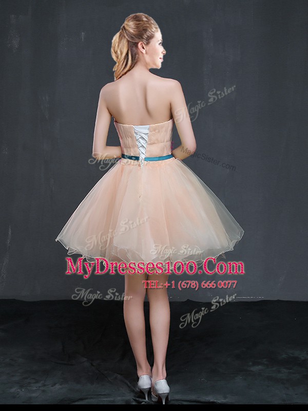 Attractive Mini Length Peach Cocktail Dresses Organza Sleeveless Appliques and Belt