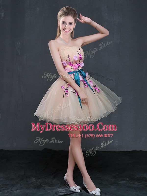 Attractive Mini Length Peach Cocktail Dresses Organza Sleeveless Appliques and Belt