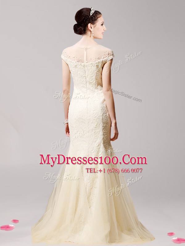 Comfortable Mermaid Champagne Scoop Zipper Beading Evening Outfits Cap Sleeves