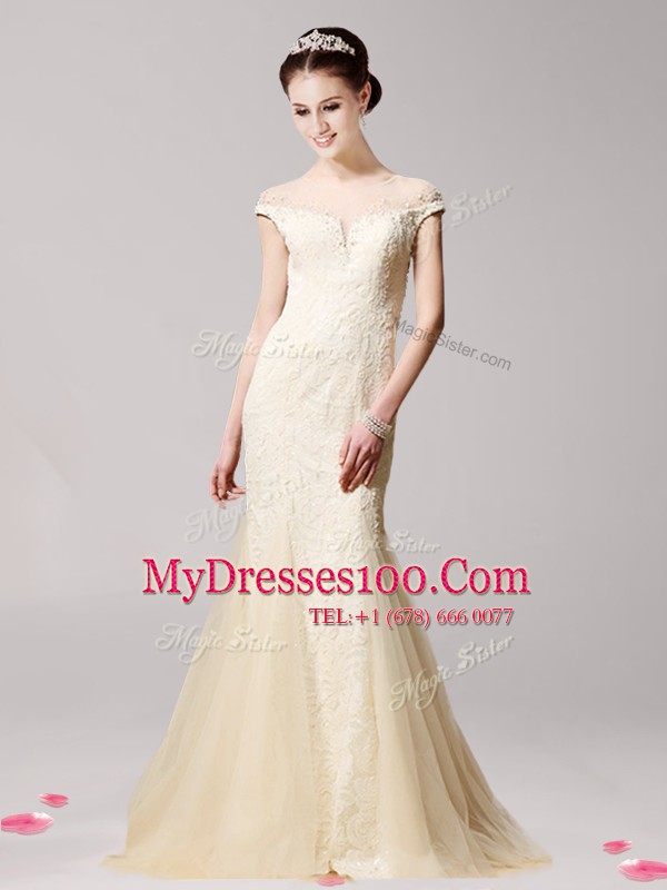 Comfortable Mermaid Champagne Scoop Zipper Beading Evening Outfits Cap Sleeves