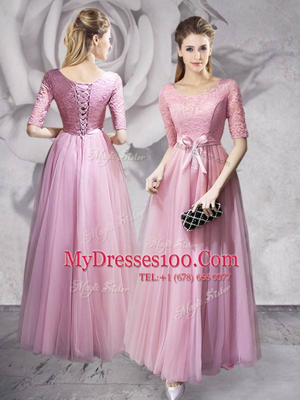Stylish Empire Going Out Dresses Pink Scoop Tulle Half Sleeves Floor Length Lace Up
