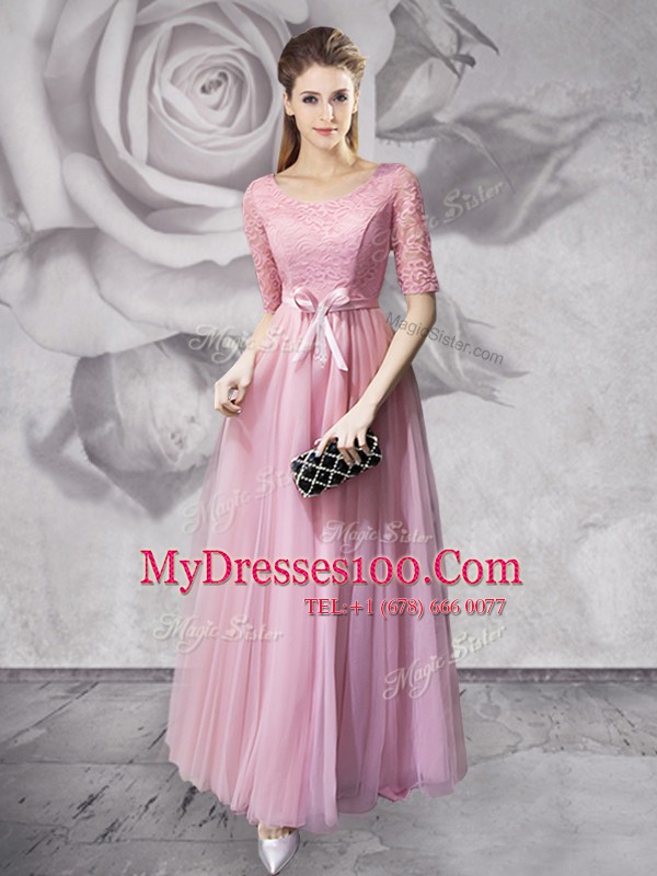 Stylish Empire Going Out Dresses Pink Scoop Tulle Half Sleeves Floor Length Lace Up