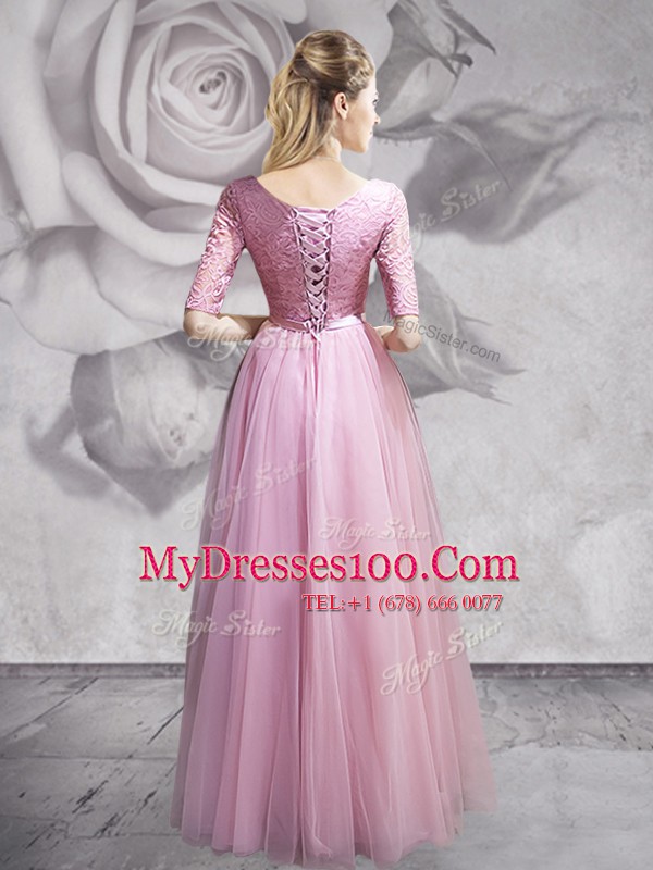 Stylish Empire Going Out Dresses Pink Scoop Tulle Half Sleeves Floor Length Lace Up