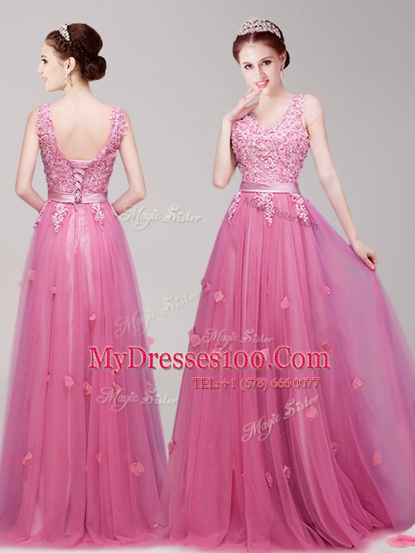 Stylish V-neck Sleeveless Floor Length Appliques and Belt Pink Tulle
