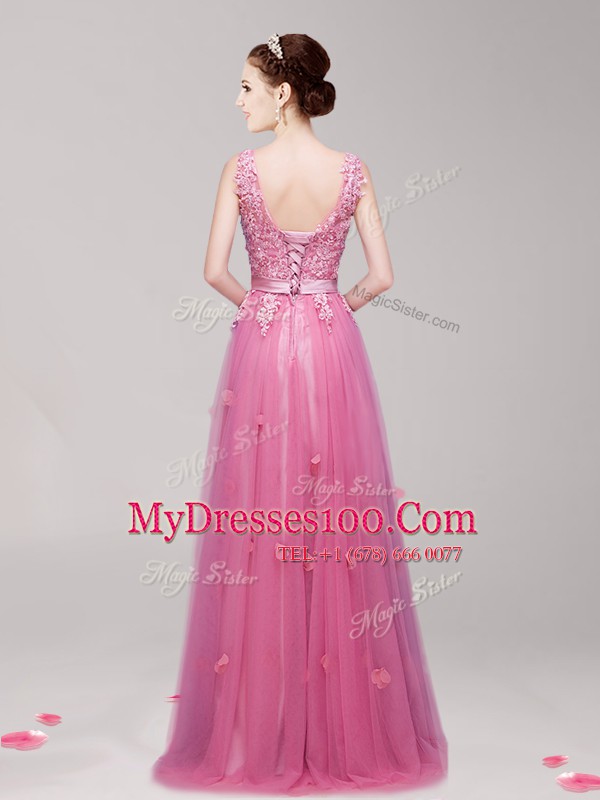 Stylish V-neck Sleeveless Floor Length Appliques and Belt Pink Tulle
