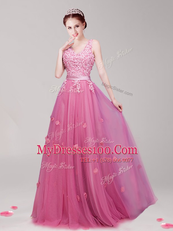 Stylish V-neck Sleeveless Floor Length Appliques and Belt Pink Tulle