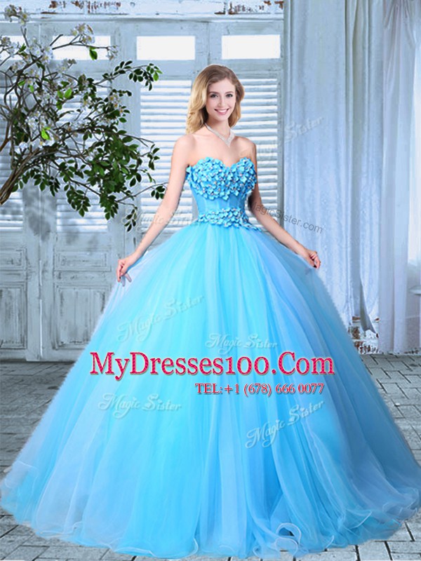 Sleeveless Organza Floor Length Lace Up Quinceanera Dress in Baby Blue with Appliques