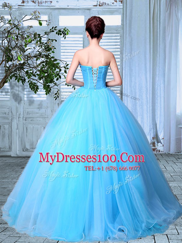 Sleeveless Organza Floor Length Lace Up Quinceanera Dress in Baby Blue with Appliques