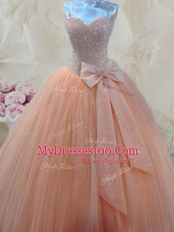 Sleeveless Tulle Floor Length Lace Up Military Ball Dresses in Peach with Beading and Bowknot