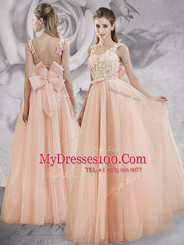 Graceful Straps Appliques and Bowknot Prom Gown Peach Lace Up Sleeveless Floor Length
