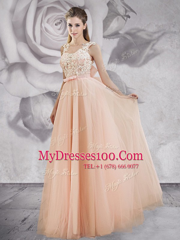 Graceful Straps Appliques and Bowknot Prom Gown Peach Lace Up Sleeveless Floor Length