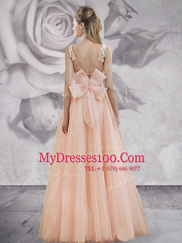 Graceful Straps Appliques and Bowknot Prom Gown Peach Lace Up Sleeveless Floor Length