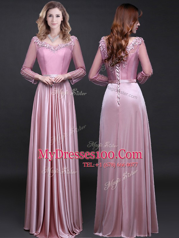 Sweet Long Sleeves Floor Length Lace Up Prom Gown Pink for Prom with Appliques and Belt